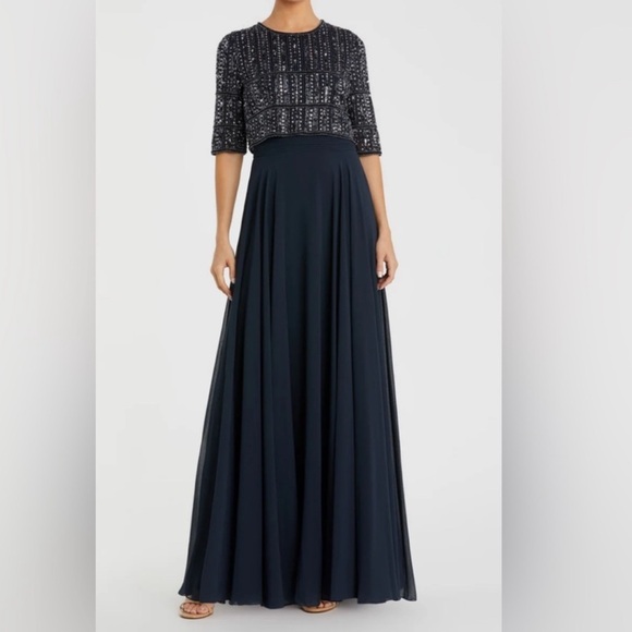 Mac Duggal 9180 Midnight Blue Chiffon Gown Fully Beaded 3/4 Sleeve Top - Reemoly